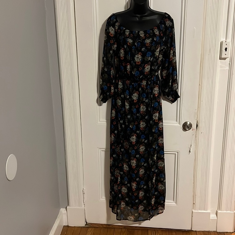 Jealous Tomato Off-the-Shoulder Maxi Dress Black Floral Metallic Threads Size L